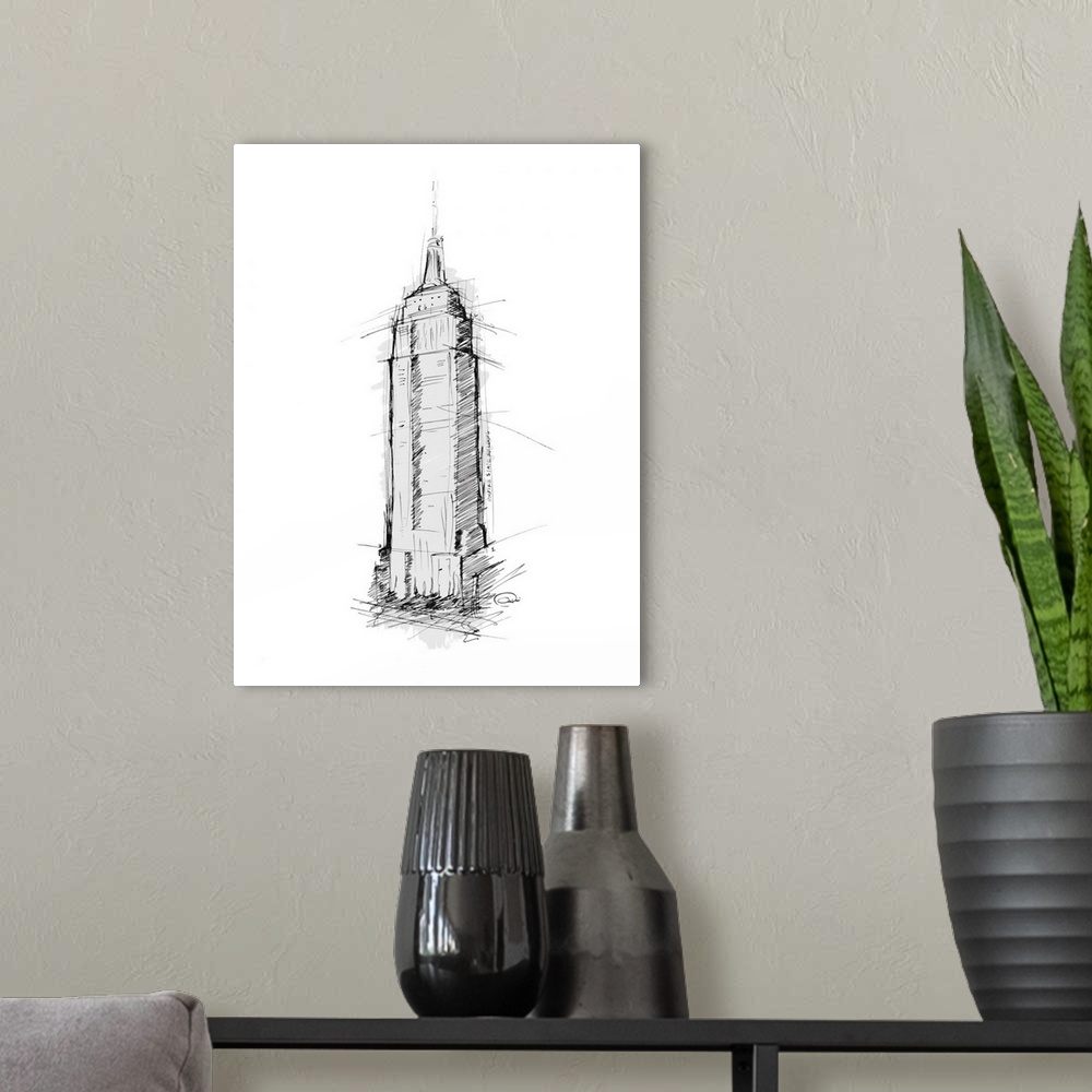 A modern room featuring Sketch of the Empire State Building against a flat white background.