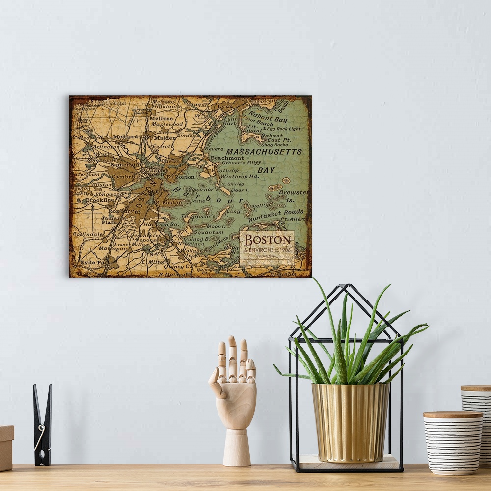 A bohemian room featuring Rustic contemporary art map of Boston districts, in earthy tones.