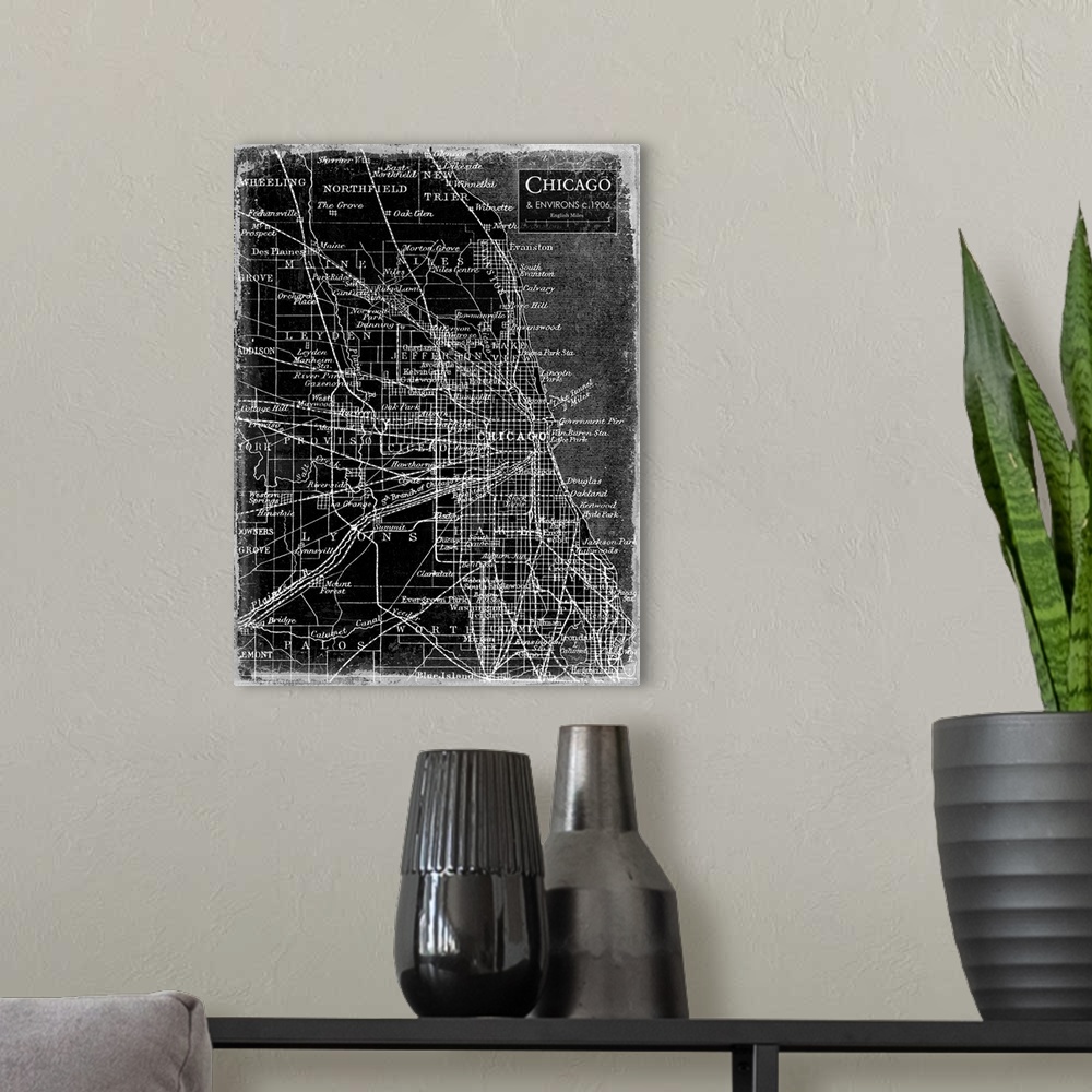 A modern room featuring Rustic contemporary art map of Chicago districts, in black and white.