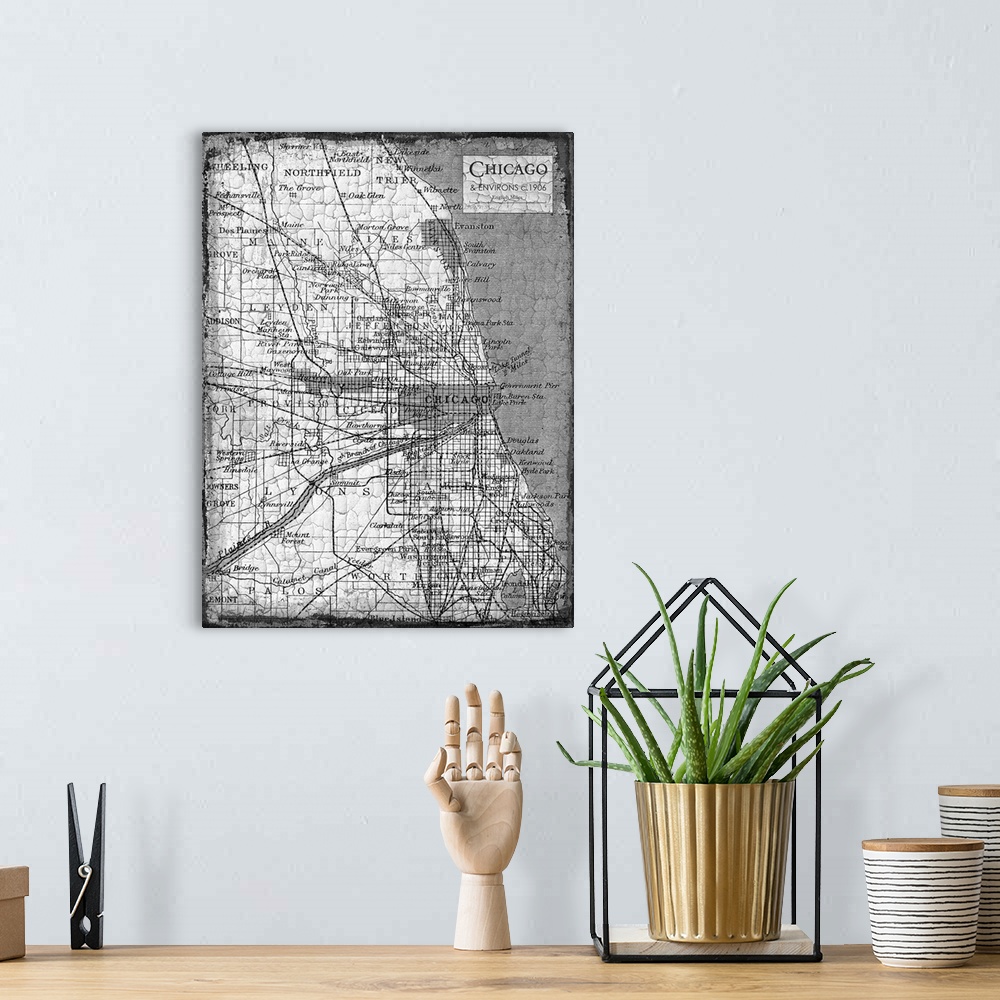 A bohemian room featuring Rustic contemporary art map of Chicago districts, in black and white.