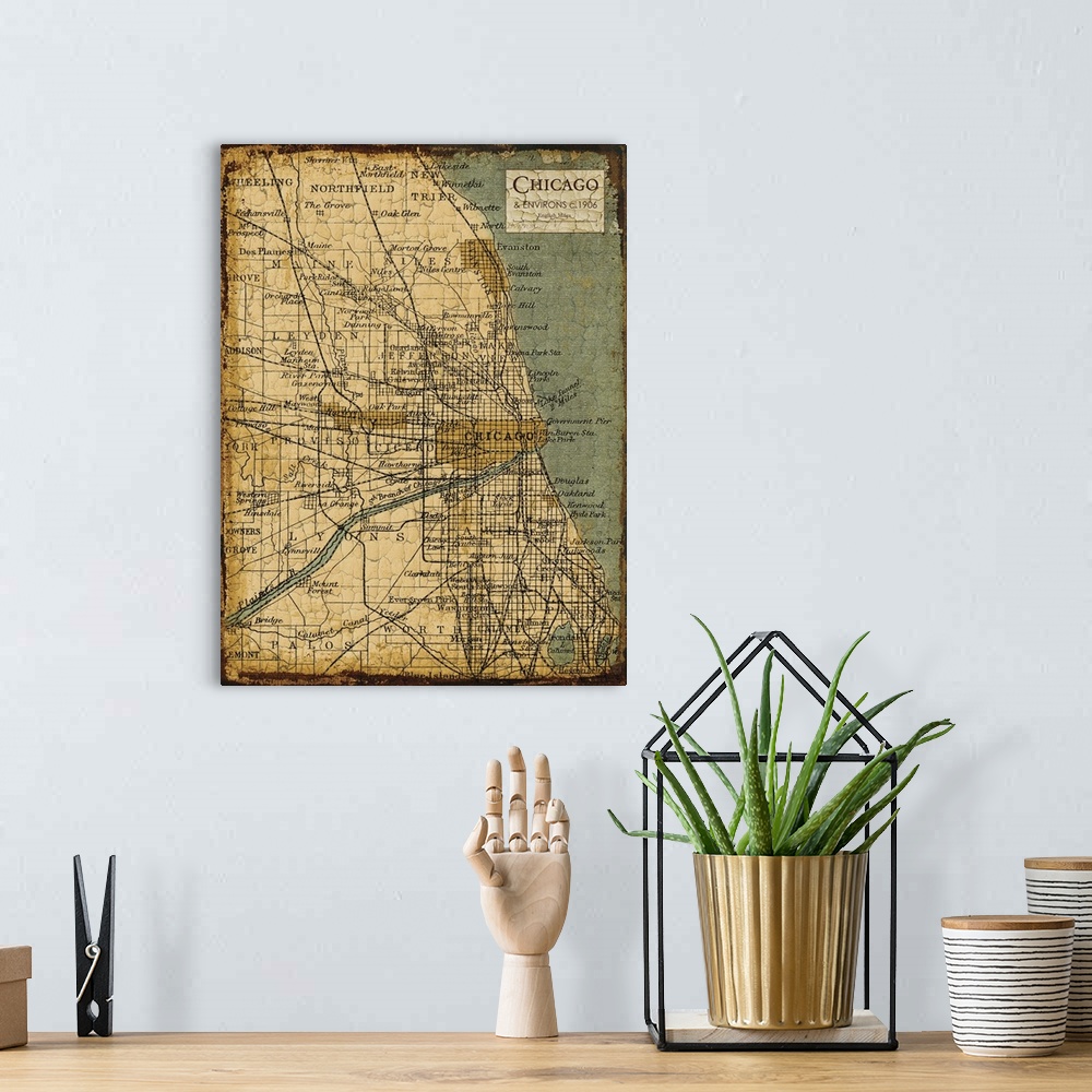 A bohemian room featuring Rustic contemporary art map of Chicago districts, in earthy tones.