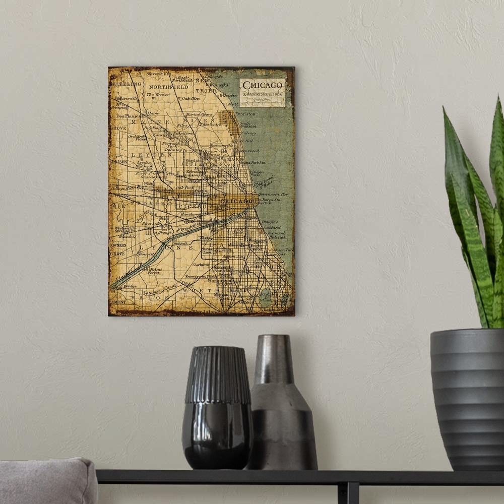 A modern room featuring Rustic contemporary art map of Chicago districts, in earthy tones.