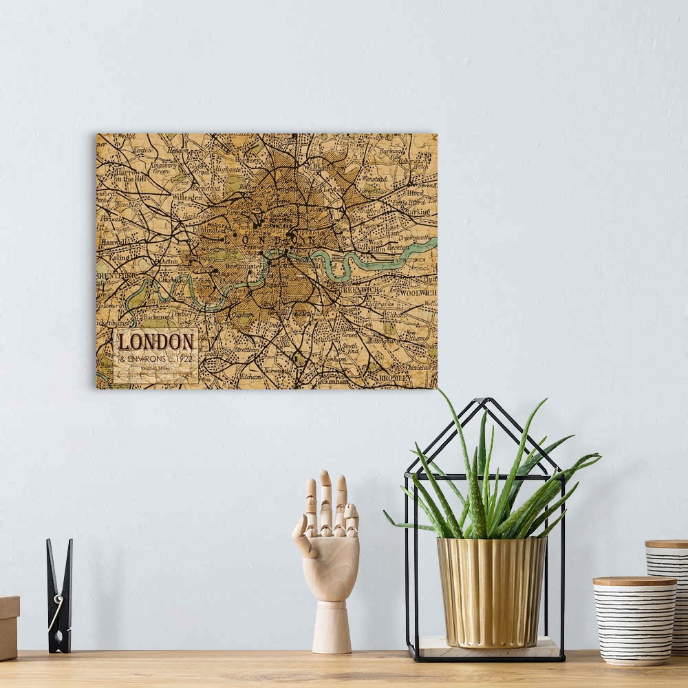 A bohemian room featuring Rustic contemporary art map of London districts, in earthy tones.