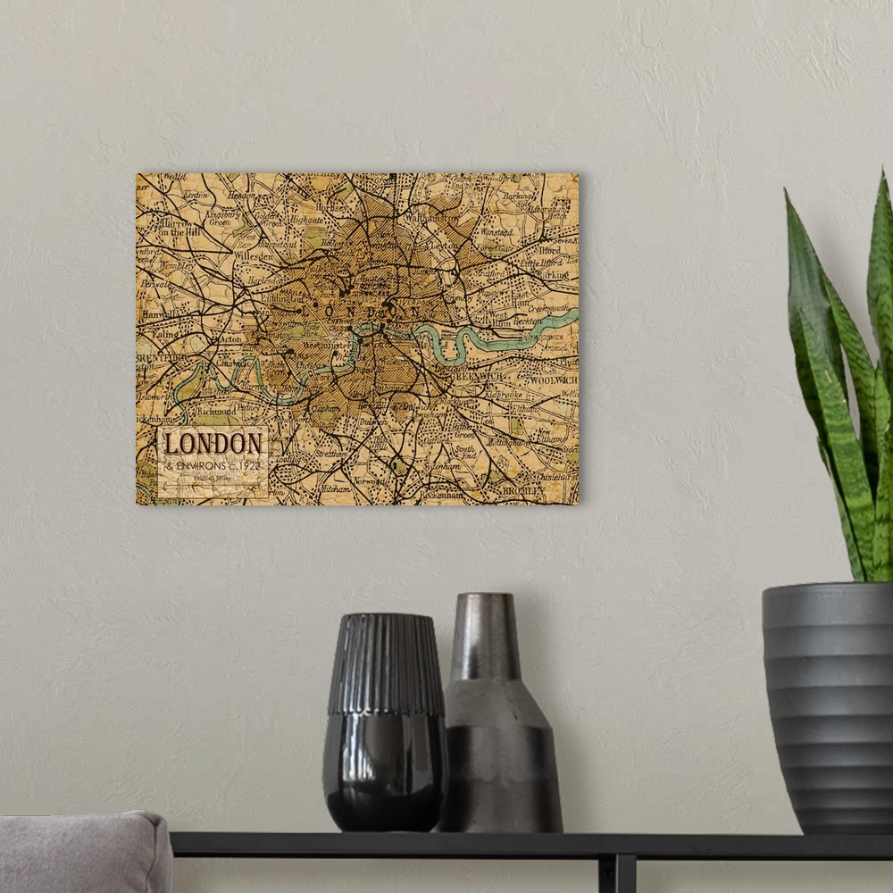 A modern room featuring Rustic contemporary art map of London districts, in earthy tones.