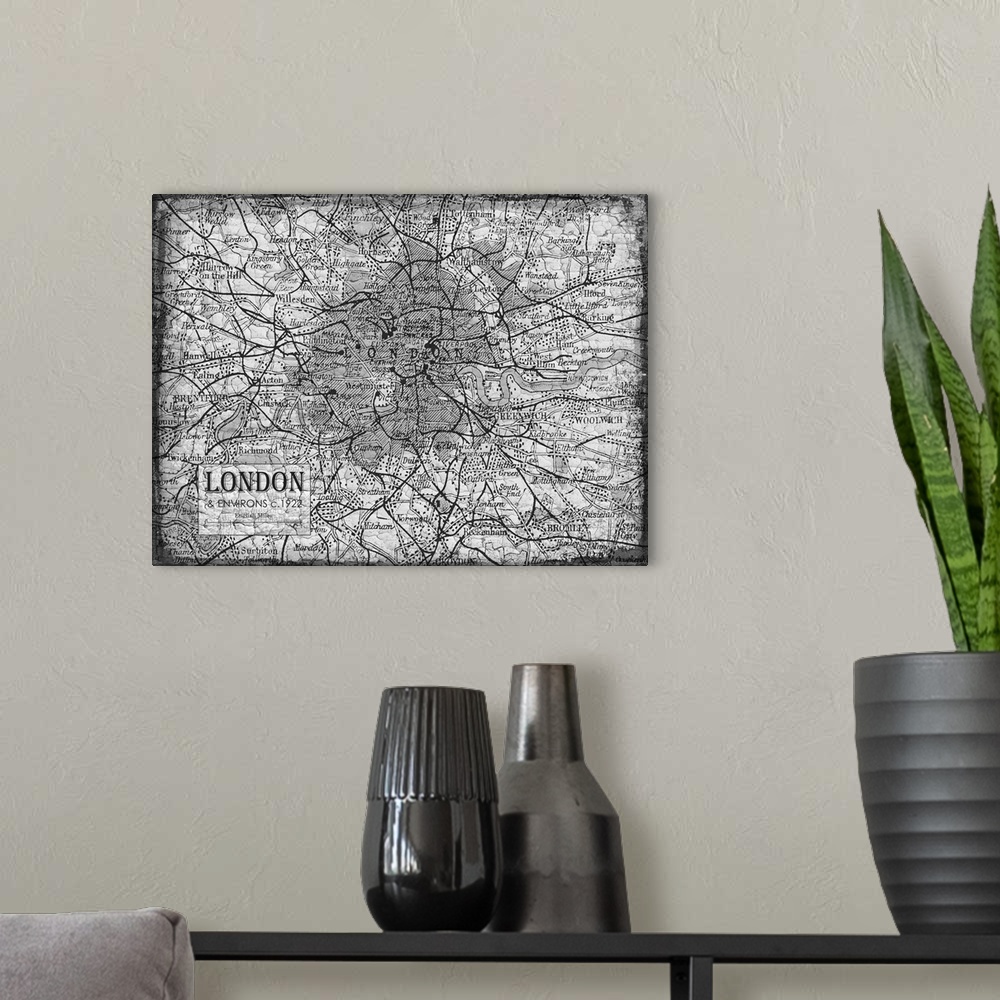 A modern room featuring Rustic contemporary art map of London districts, in black and white.