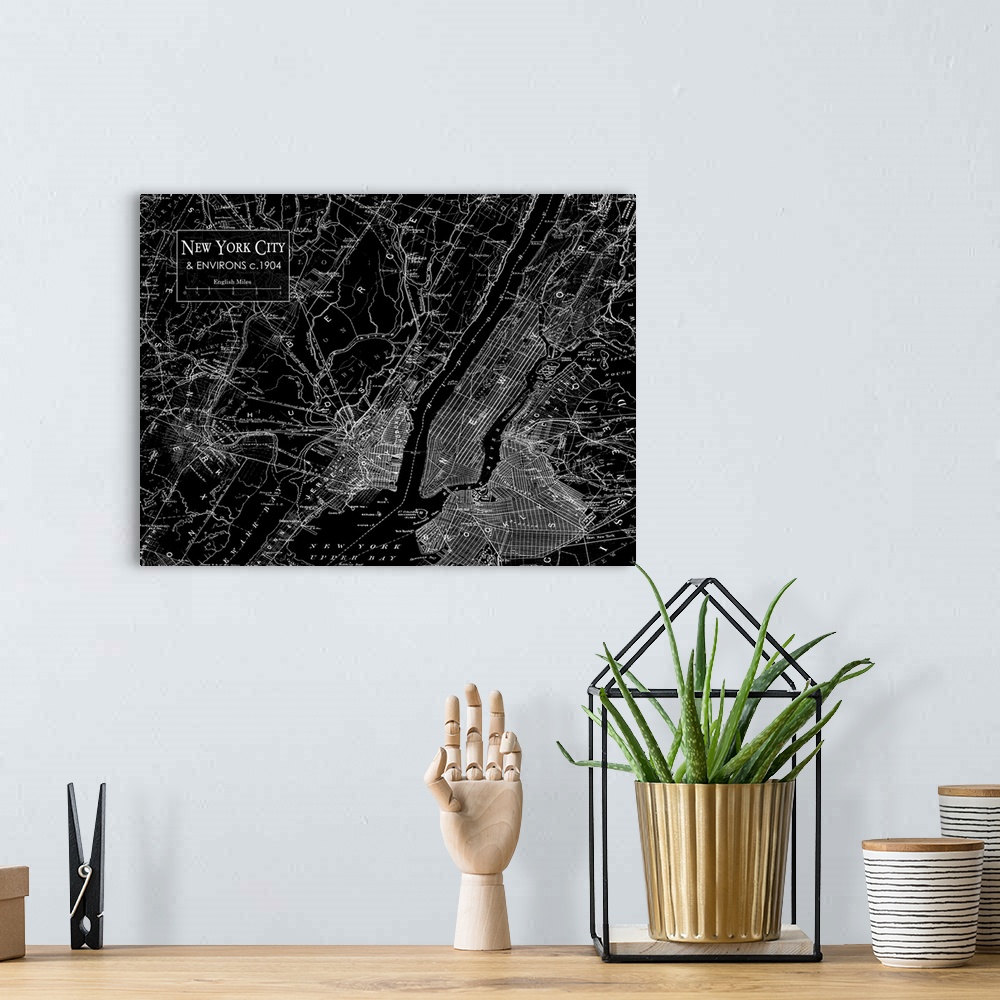 A bohemian room featuring Rustic contemporary art map of New York City districts, in black and white.