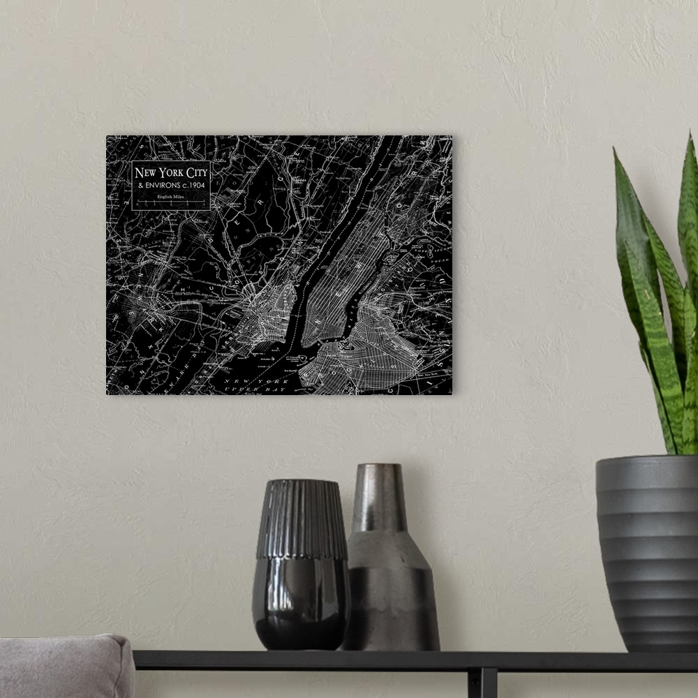 A modern room featuring Rustic contemporary art map of New York City districts, in black and white.