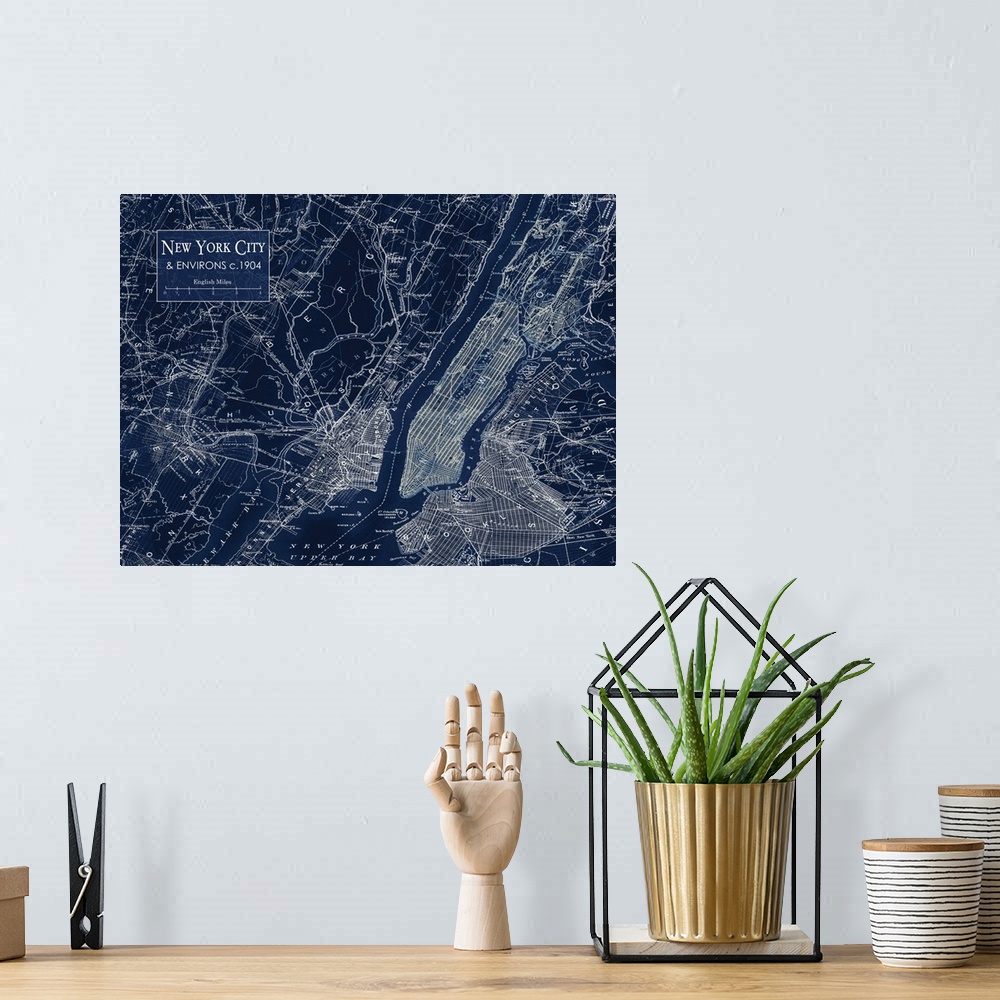 A bohemian room featuring Rustic contemporary art map of New York City districts, in cool tones.