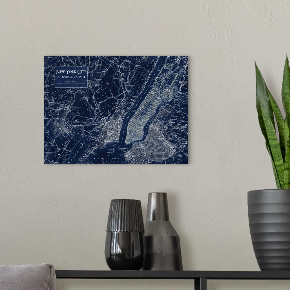 A modern room featuring Rustic contemporary art map of New York City districts, in cool tones.