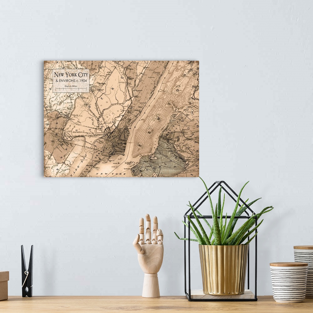 A bohemian room featuring Rustic contemporary art map of New York City districts, in warm tones.