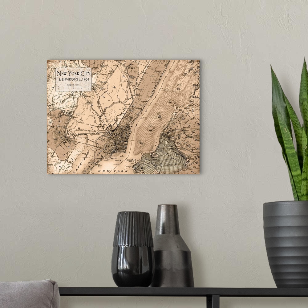 A modern room featuring Rustic contemporary art map of New York City districts, in warm tones.