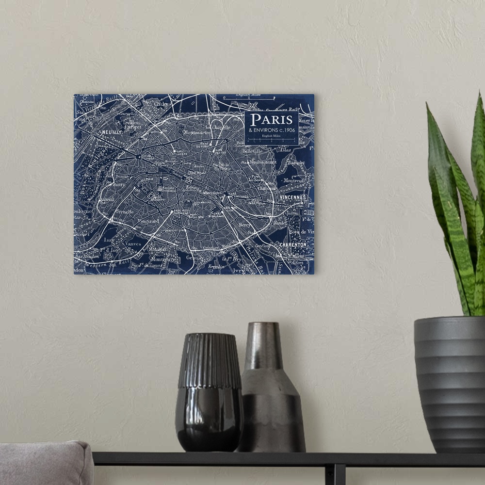 A modern room featuring Rustic contemporary art map of Paris districts, in cool tones.