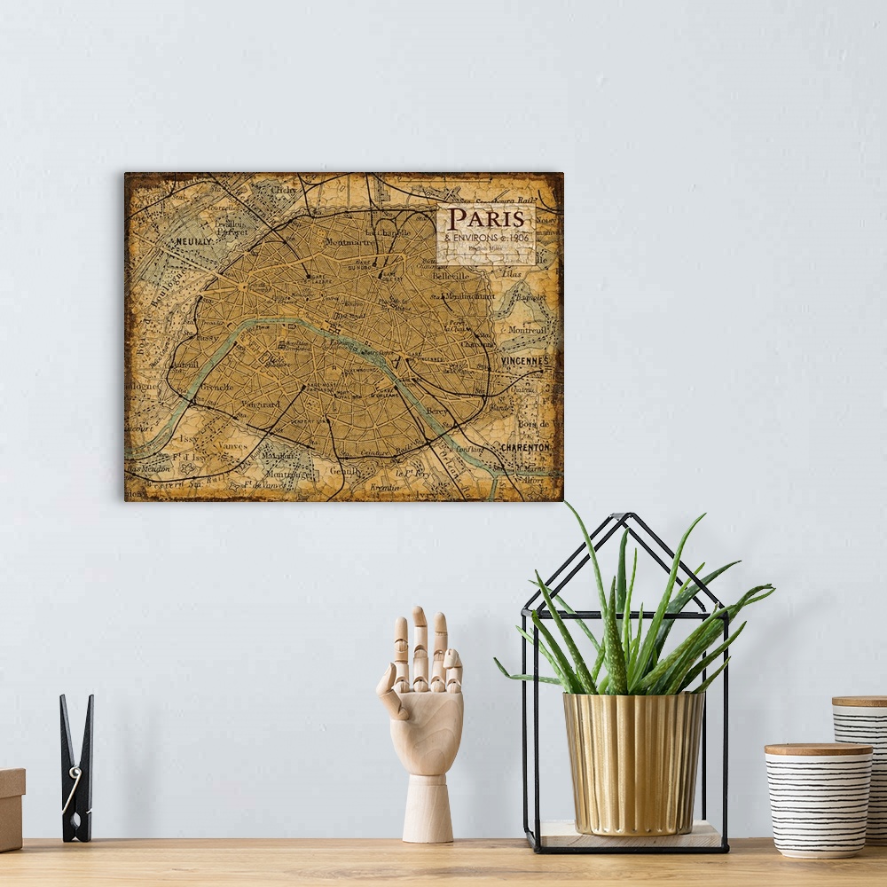 A bohemian room featuring Rustic contemporary art map of Paris districts, in earthy tones