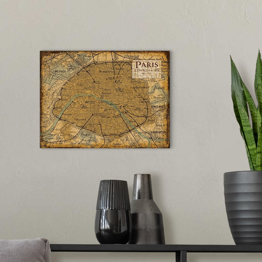 A modern room featuring Rustic contemporary art map of Paris districts, in earthy tones