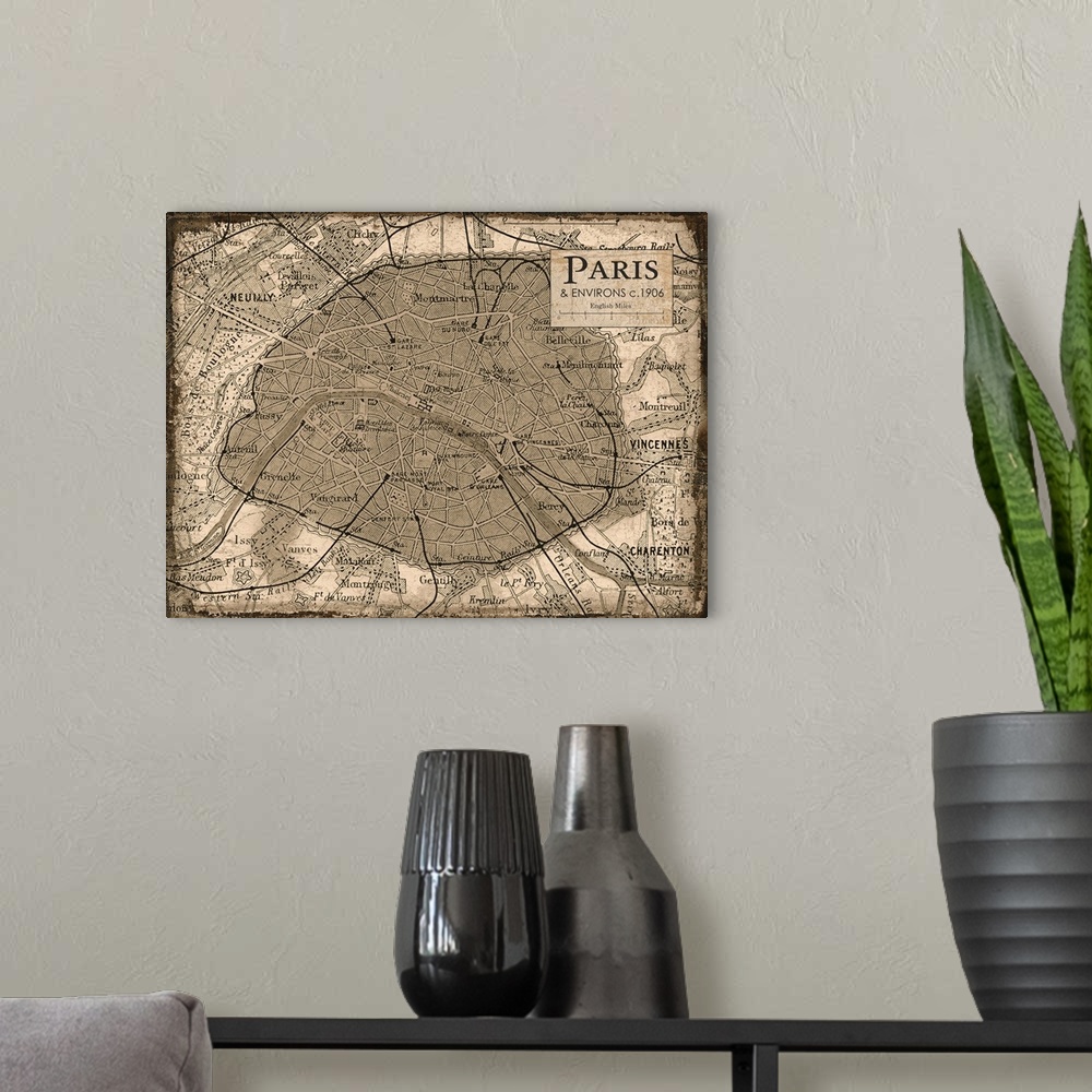 A modern room featuring Rustic contemporary art map of Paris districts, in warm tones.