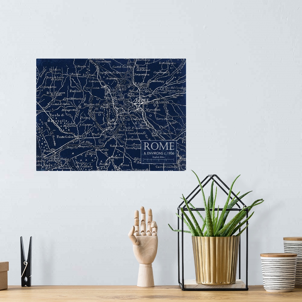 A bohemian room featuring Rustic contemporary art map of Rome districts, in cool tones.