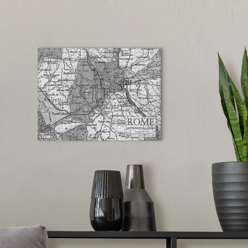 A modern room featuring Rustic contemporary art map of Rome districts, in black and white.
