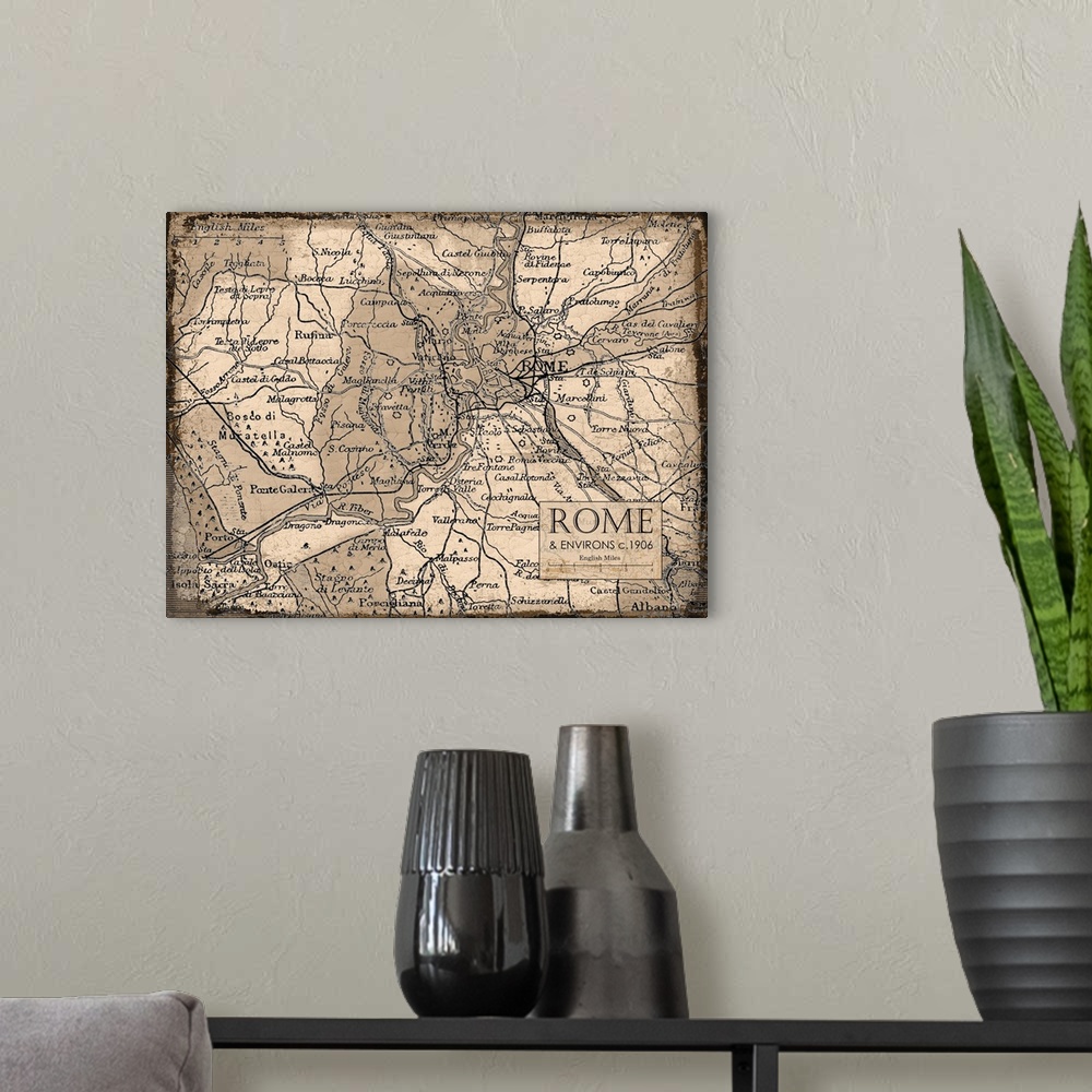 A modern room featuring Rustic contemporary art map of Rome districts, in warm tones.