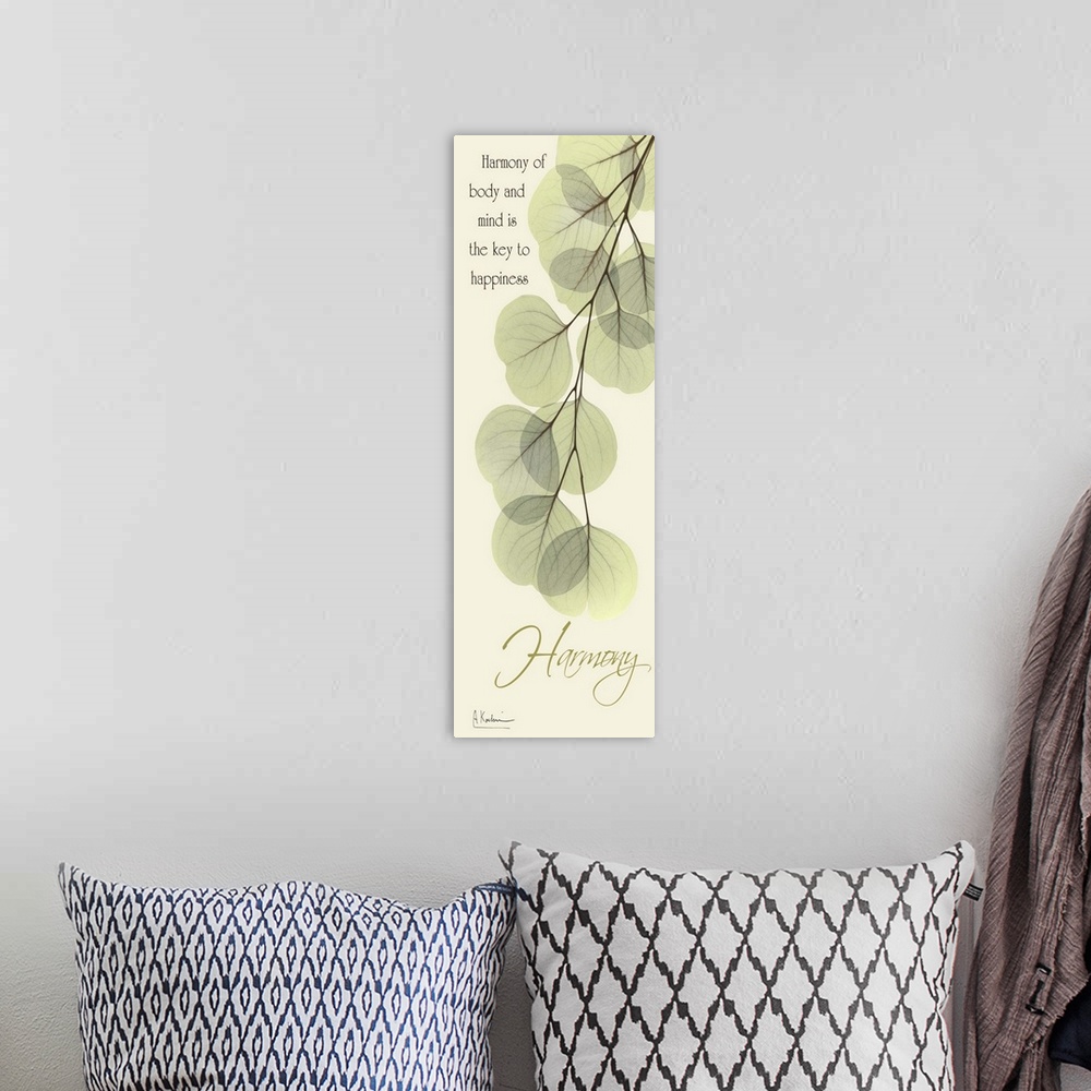 A bohemian room featuring Vertical x-ray photograph of eucalyptus leaves, against a warm tone background. With the word "Ha...