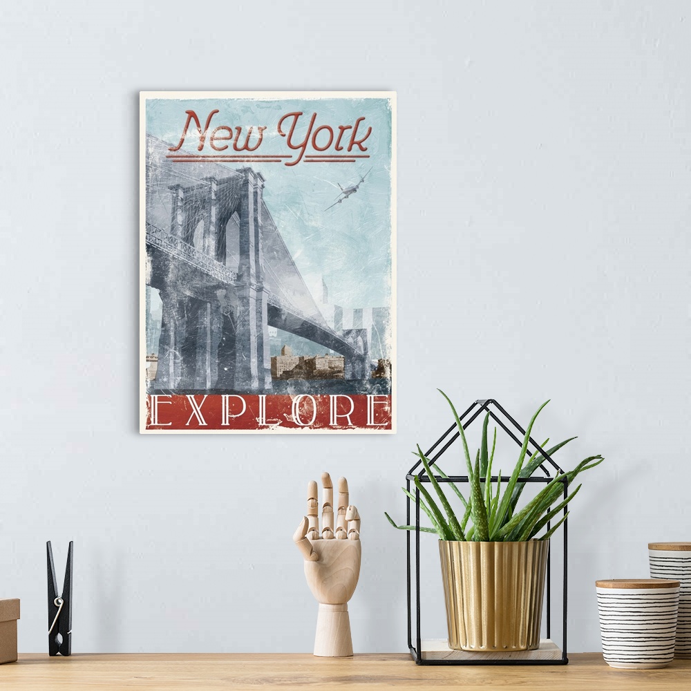 A bohemian room featuring Home decor artwork of a travel poster for New York city in a vintage style.