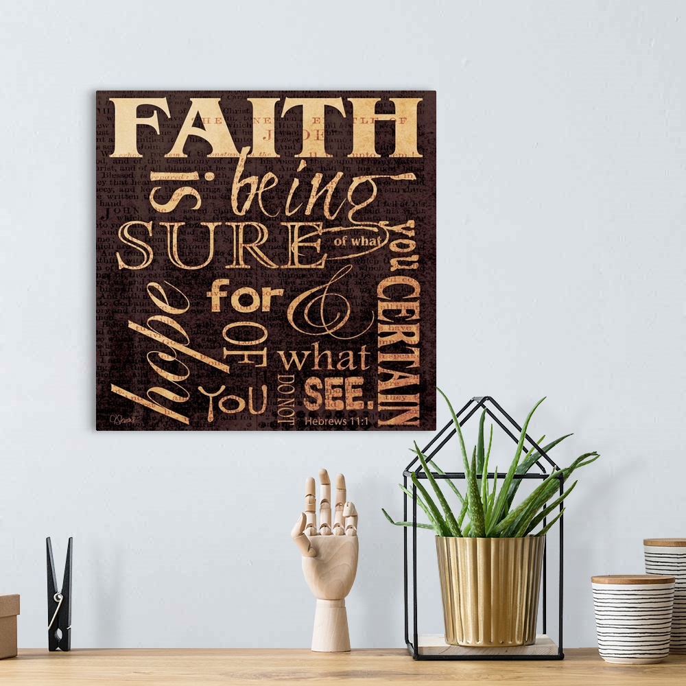 A bohemian room featuring Typographical scripture art done in warm, earthy tones. With text in multiple directions.