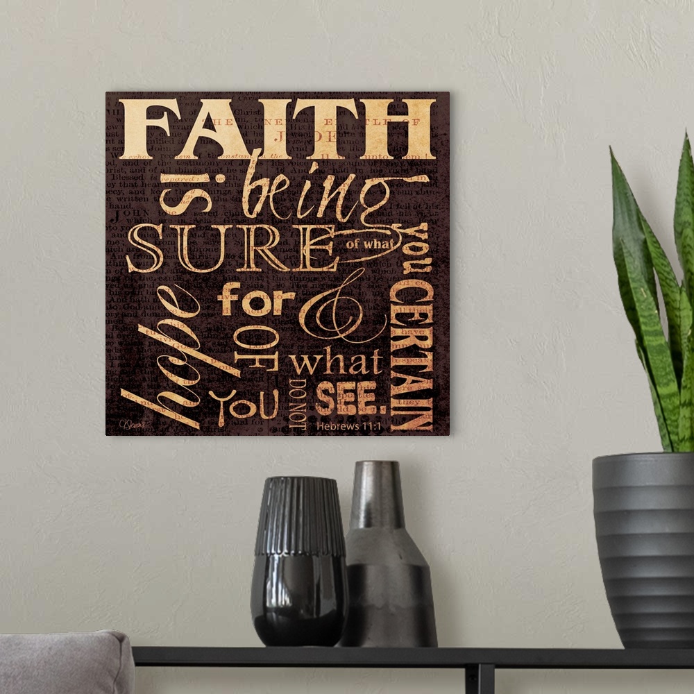 A modern room featuring Typographical scripture art done in warm, earthy tones. With text in multiple directions.