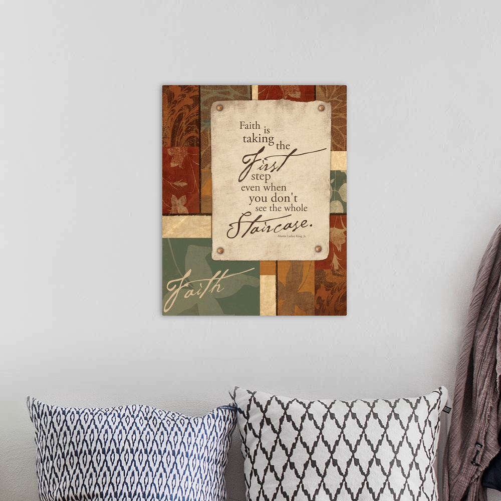 A bohemian room featuring Inspirational artwork with text in the foreground of the image and floral patterns in the backgro...