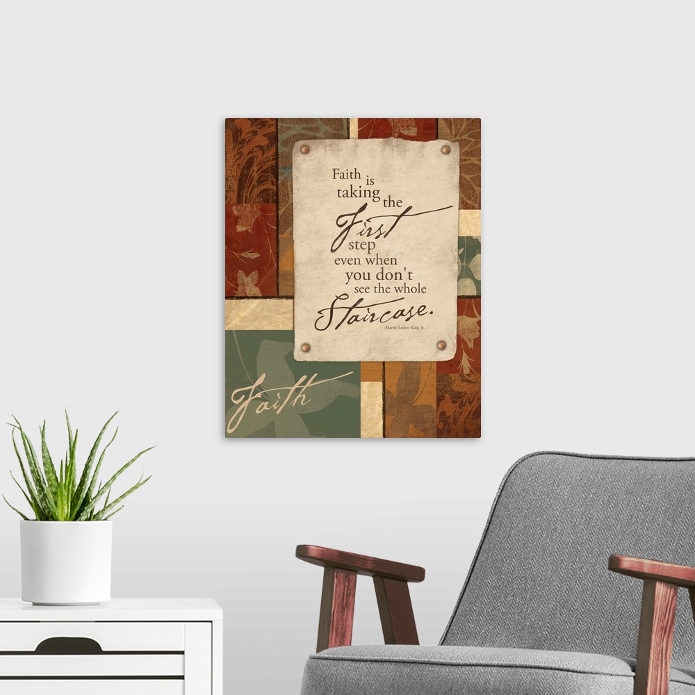 A modern room featuring Inspirational artwork with text in the foreground of the image and floral patterns in the backgro...
