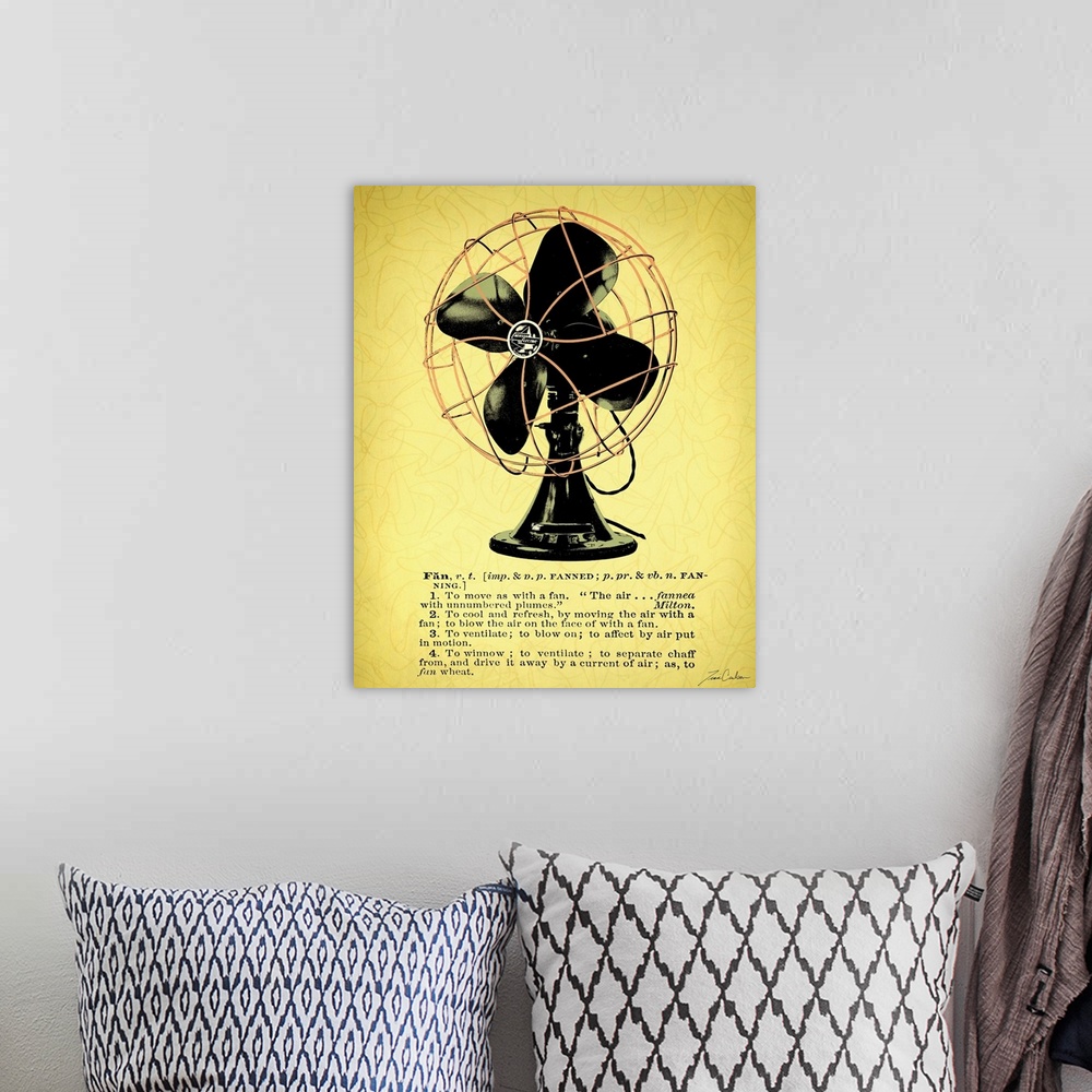 A bohemian room featuring Retro-style illustration of a desk fan with the dictionary definition below the image.