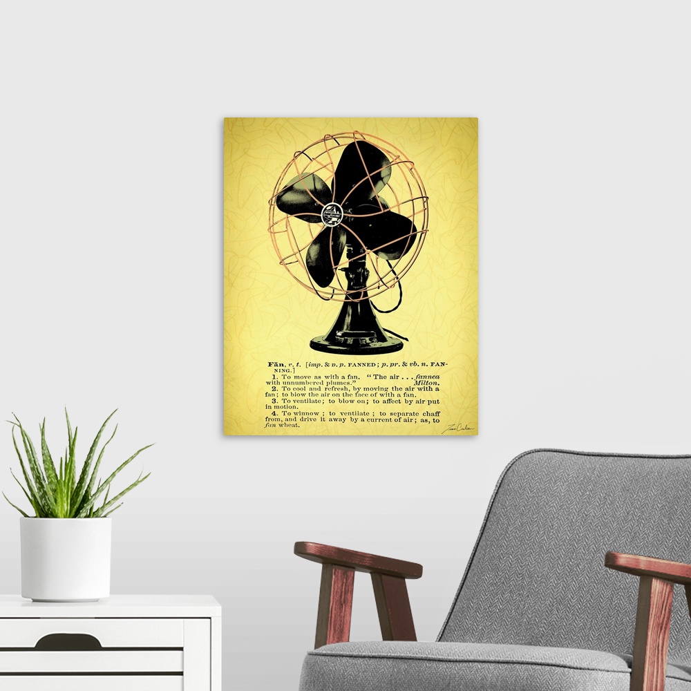 A modern room featuring Retro-style illustration of a desk fan with the dictionary definition below the image.