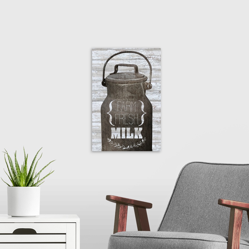 A modern room featuring "Farm Fresh Milk" text on a milk bucket over a wood plank background.