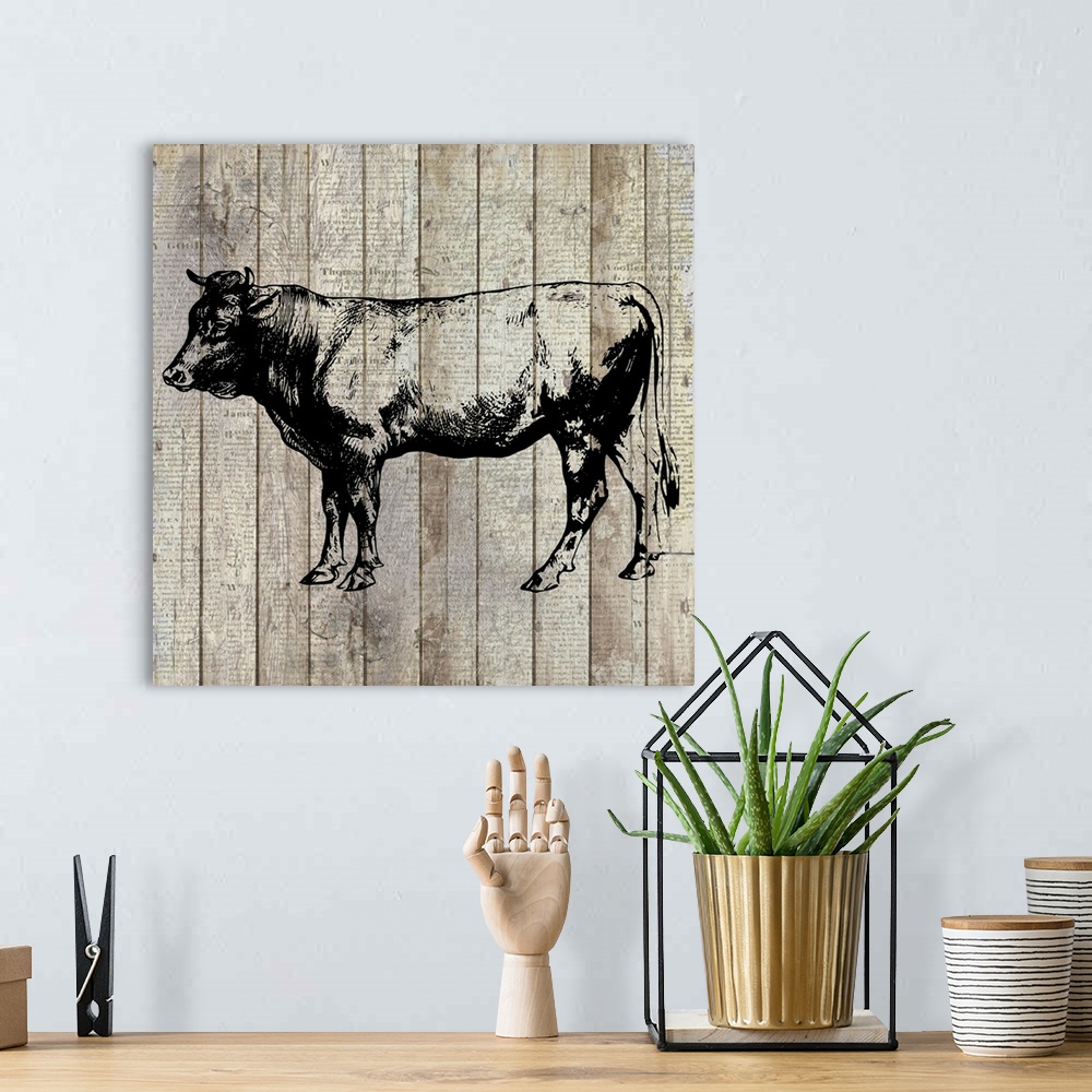 A bohemian room featuring A painting of a cow on an aged wood panel background with a very faint text overlay.