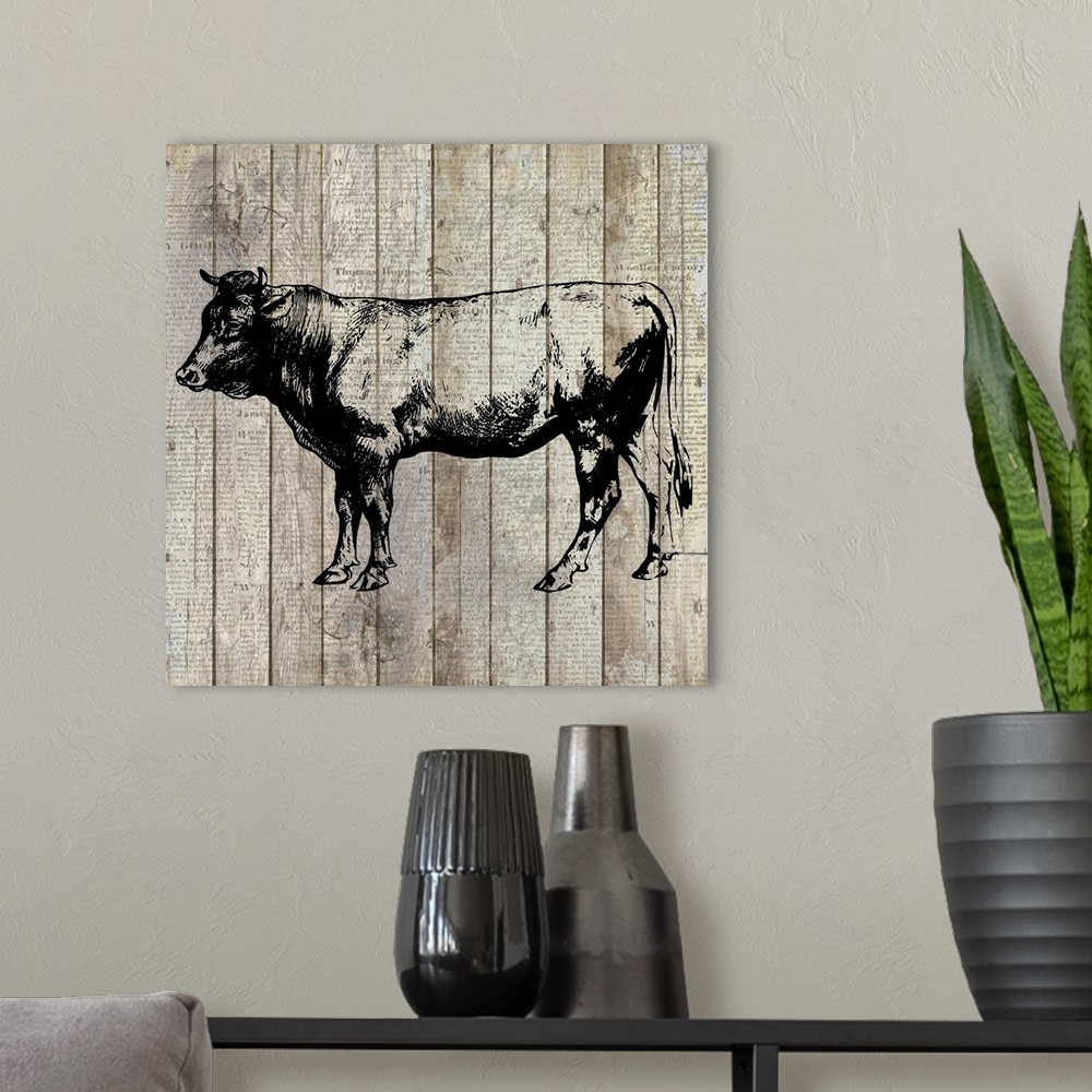 A modern room featuring A painting of a cow on an aged wood panel background with a very faint text overlay.