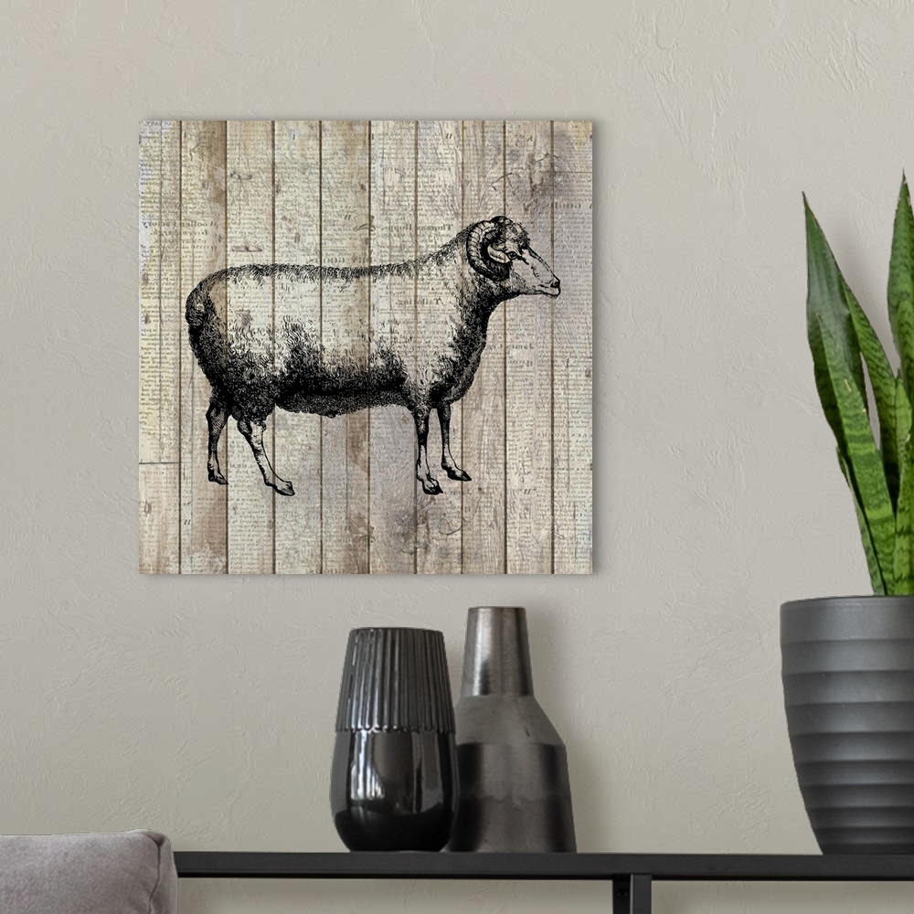 A modern room featuring A painting of a sheep on an aged wood panel background with a very faint text overlay.