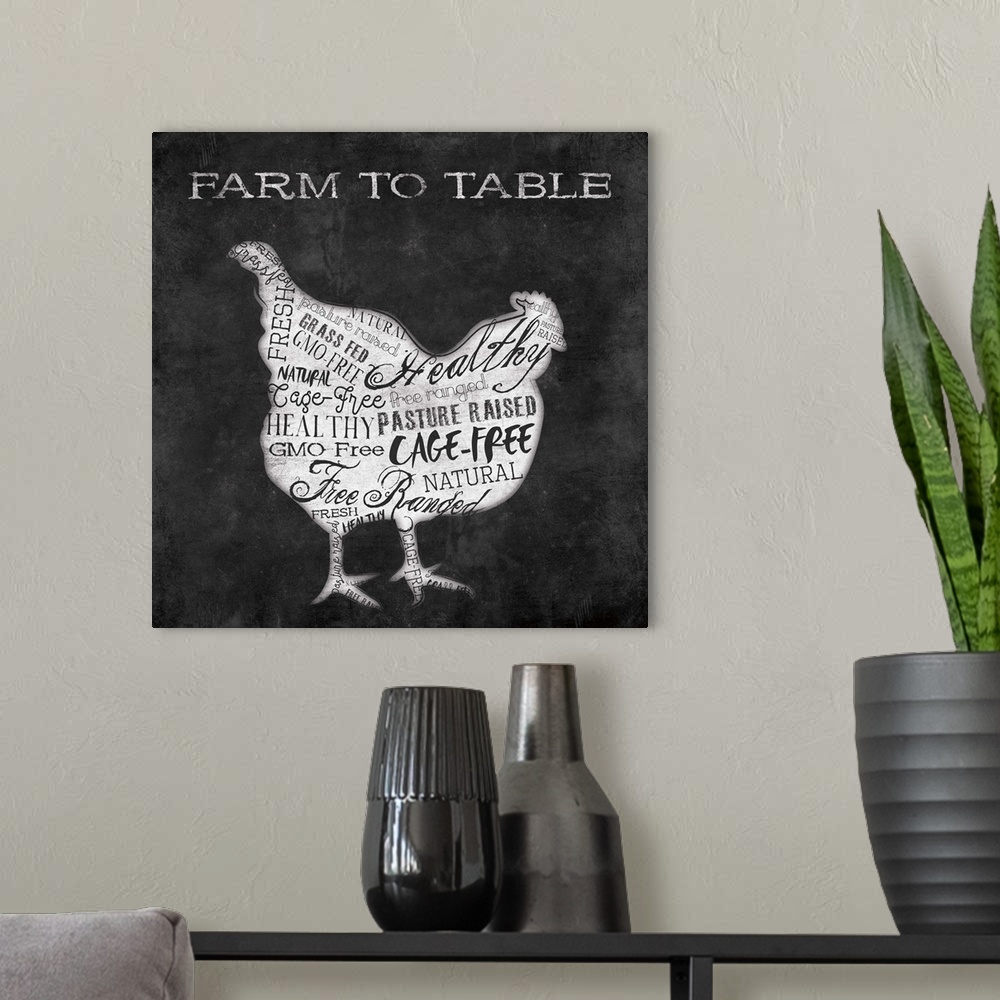 A modern room featuring Folksy home decor artwork of a chicken in silhouette with typography in the silhouette.