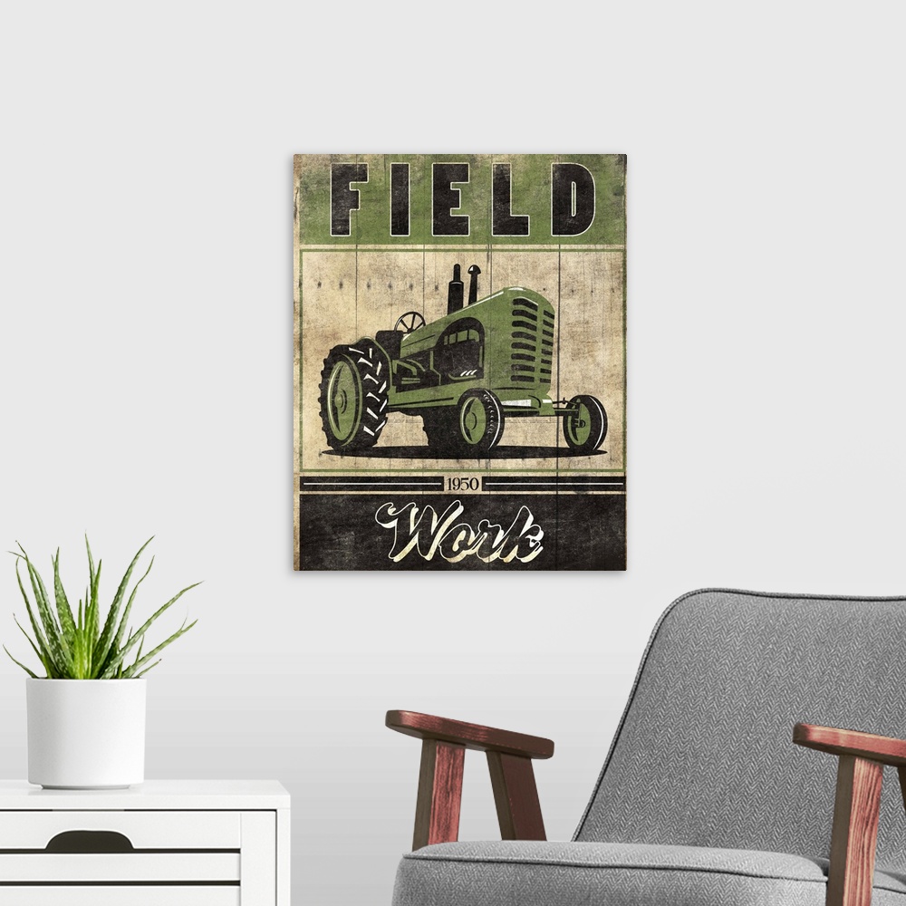 A modern room featuring Vintage weathered, rustic looking sign, with a green tractor and the text "Field" above it.