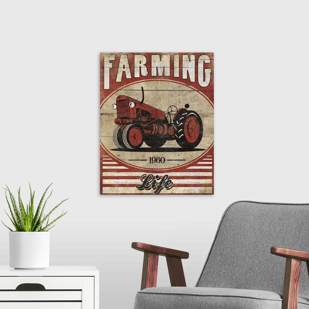 A modern room featuring Vintage weathered, rustic looking sign, with a red tractor and the text "Farming" above it.