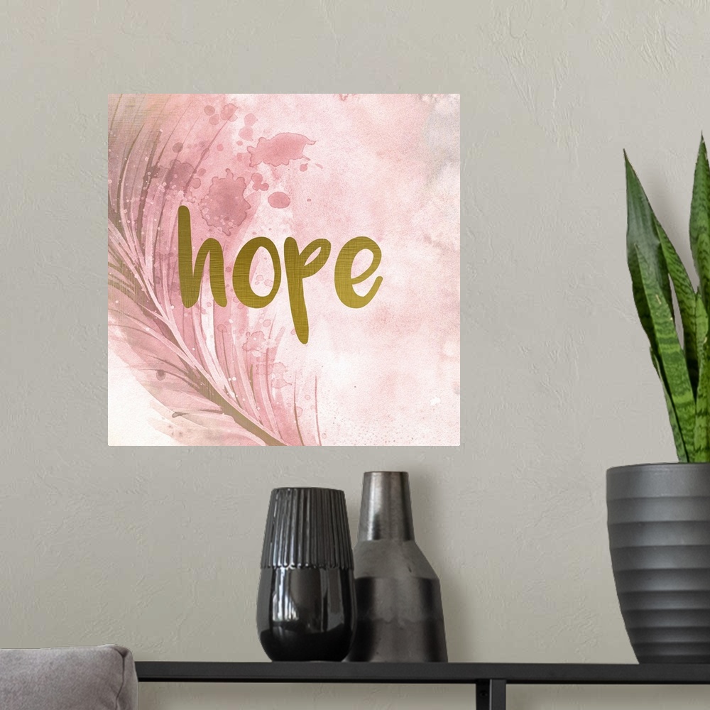 A modern room featuring A pink watercolor painting of a feather with the word ?hope? placed on top in gold text.�