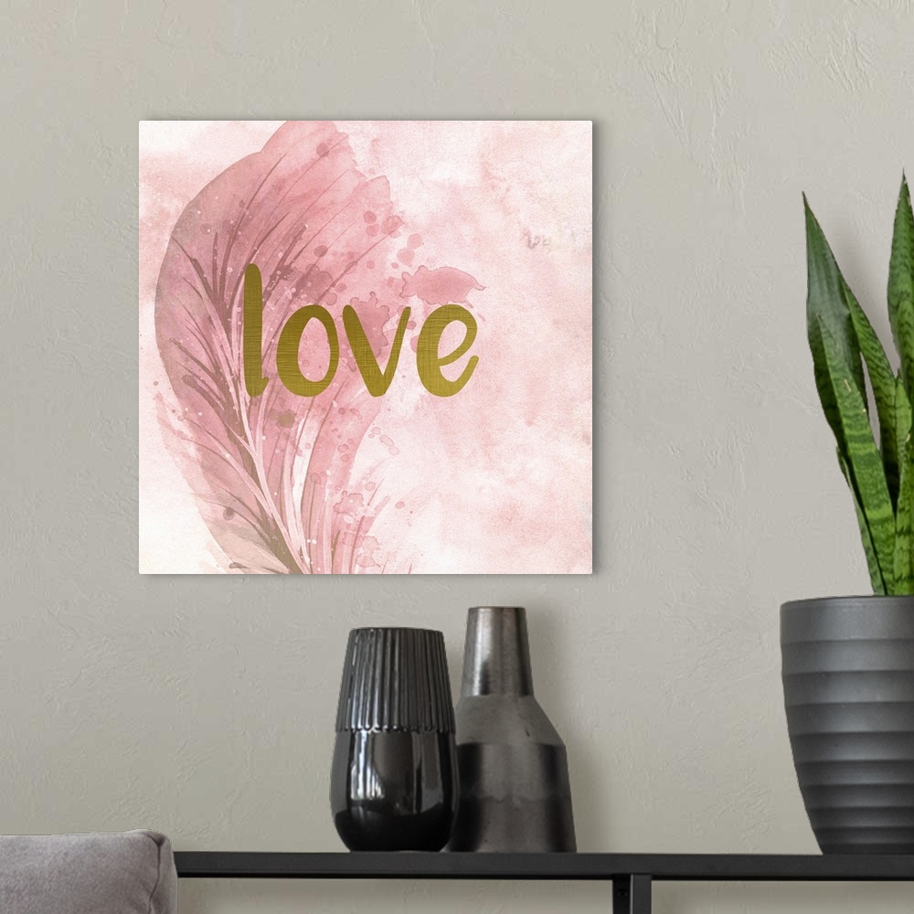 A modern room featuring A pink watercolor painting of a feather with the word ?love? placed on top in gold text.�