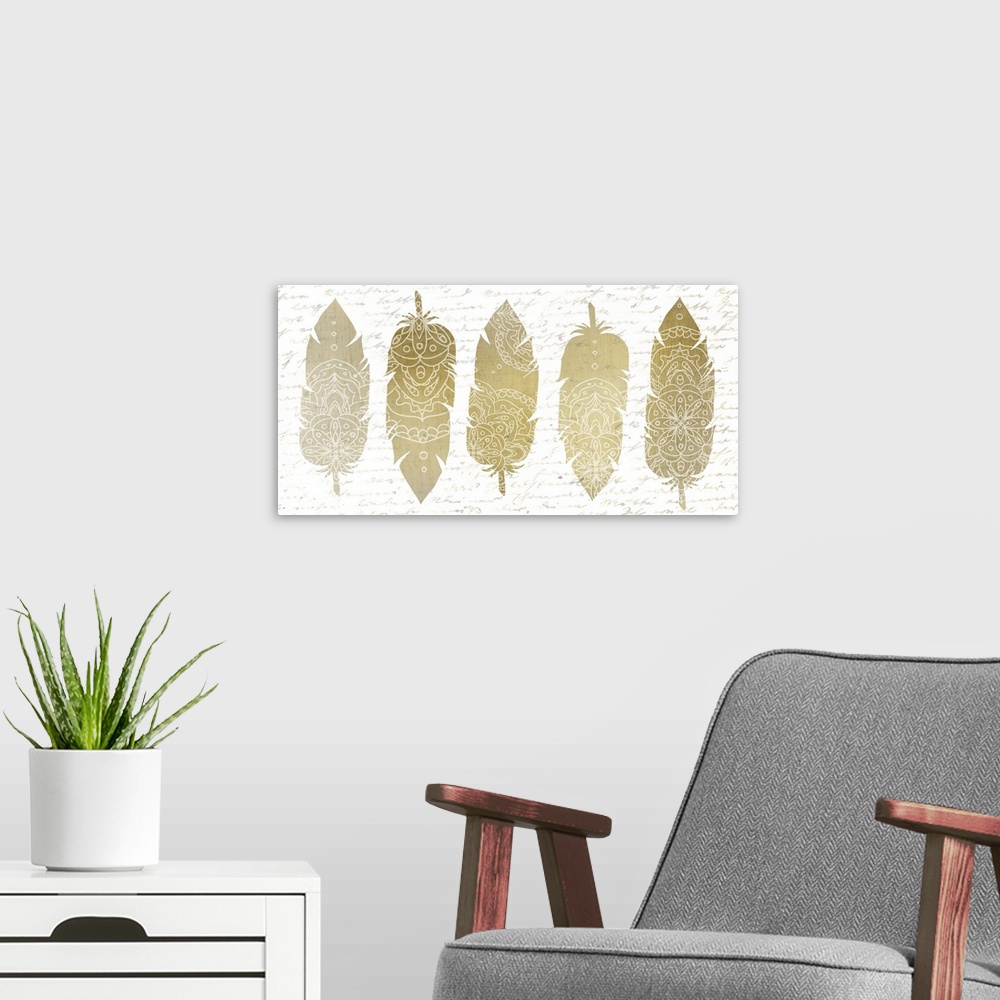 A modern room featuring A row of five golden feathers with white Bohemian patterns.