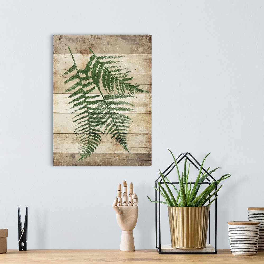 A bohemian room featuring Deep green fern fronds on a wooden board background.