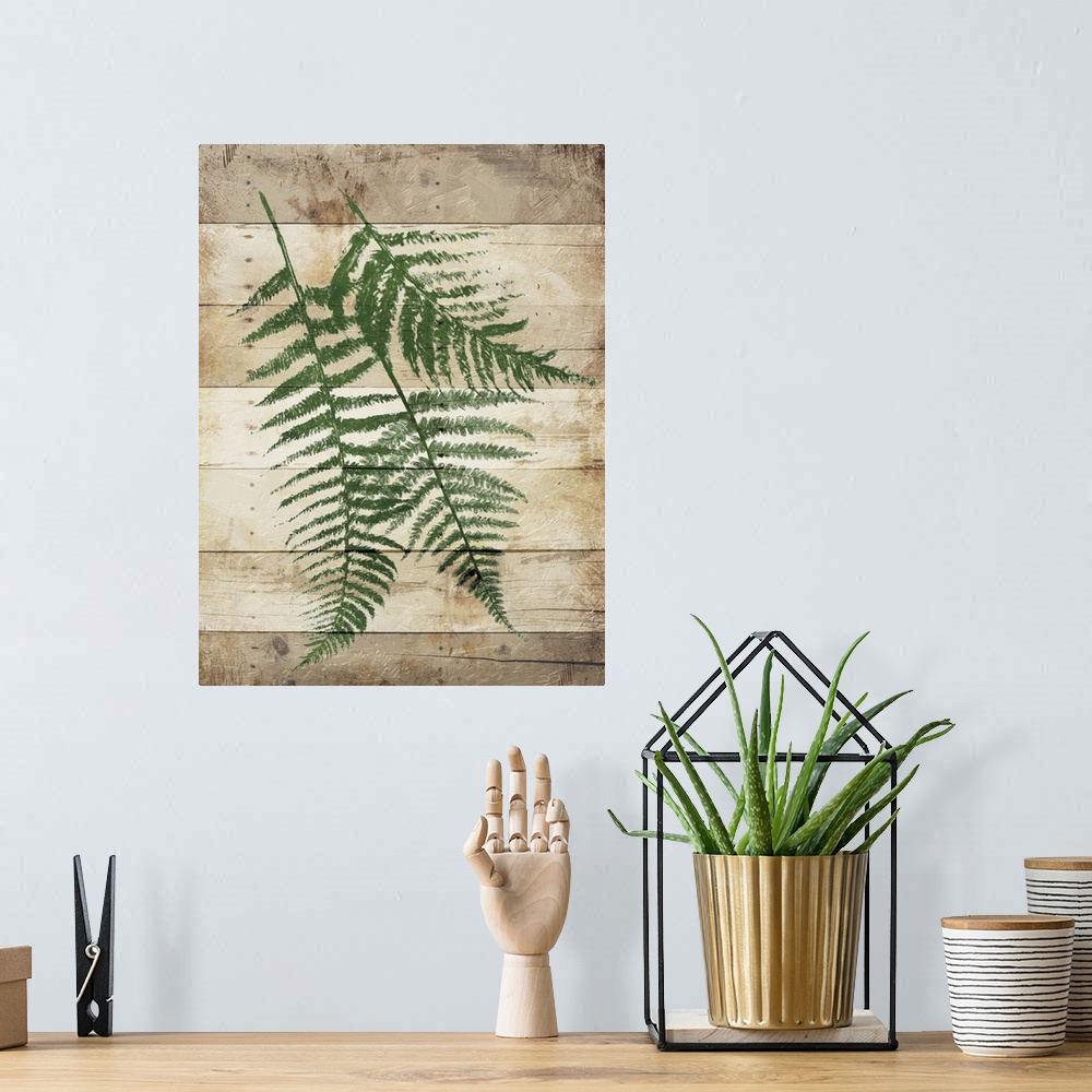 A bohemian room featuring Deep green fern fronds on a wooden board background.