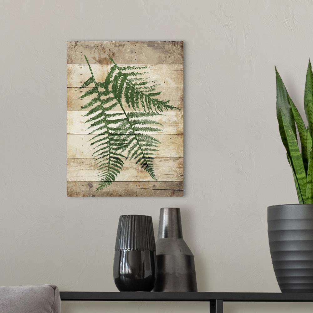 A modern room featuring Deep green fern fronds on a wooden board background.