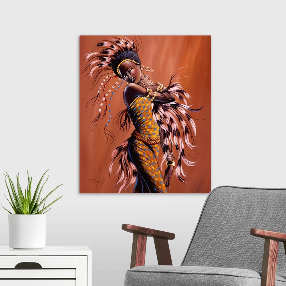 A modern room featuring Contemporary African painting of a woman in traditional festival dress dancing.