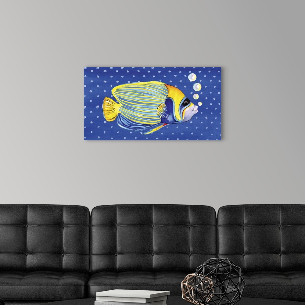 A modern room featuring Contemporary piece of art of tropical fish against a polka dot background.