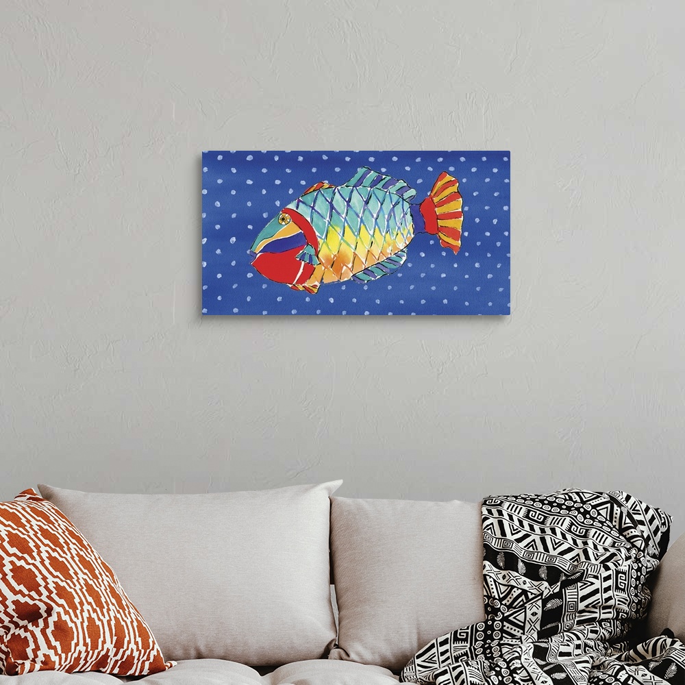 A bohemian room featuring Contemporary piece of art of tropical fish against a polka dot background.
