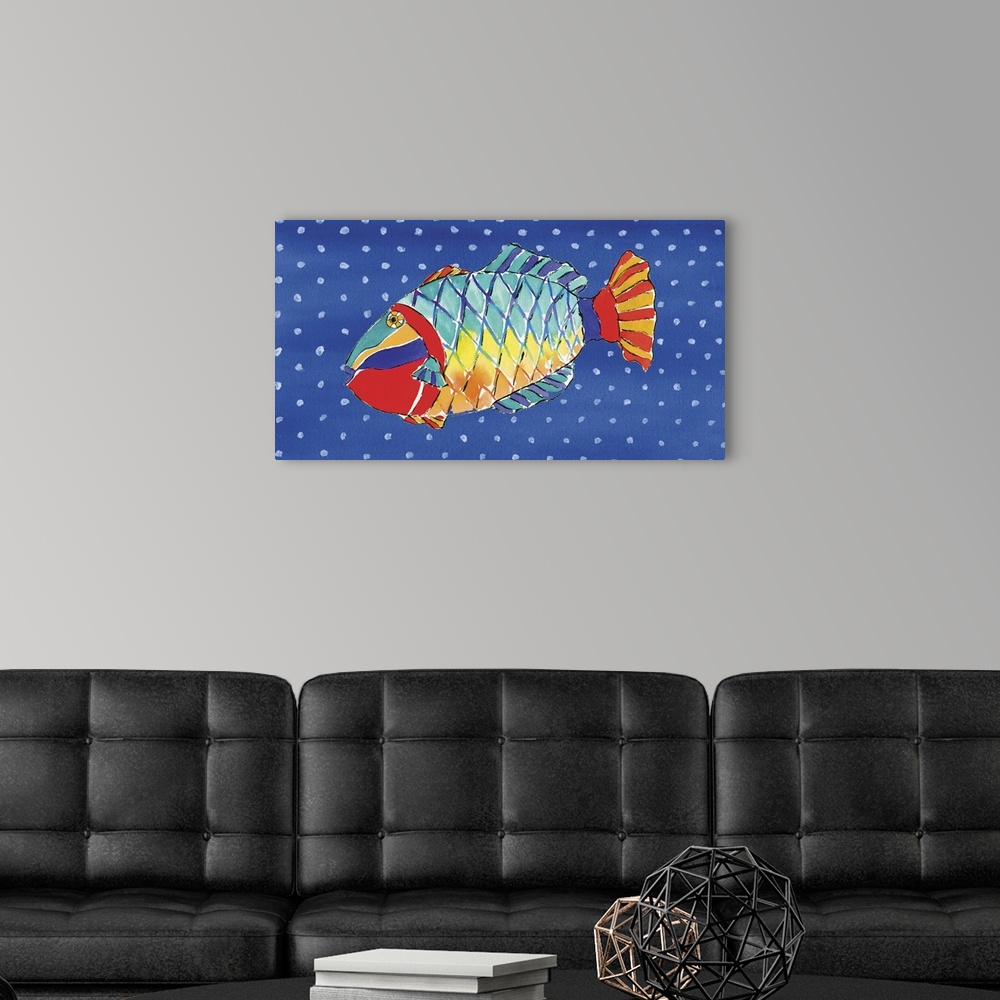 A modern room featuring Contemporary piece of art of tropical fish against a polka dot background.