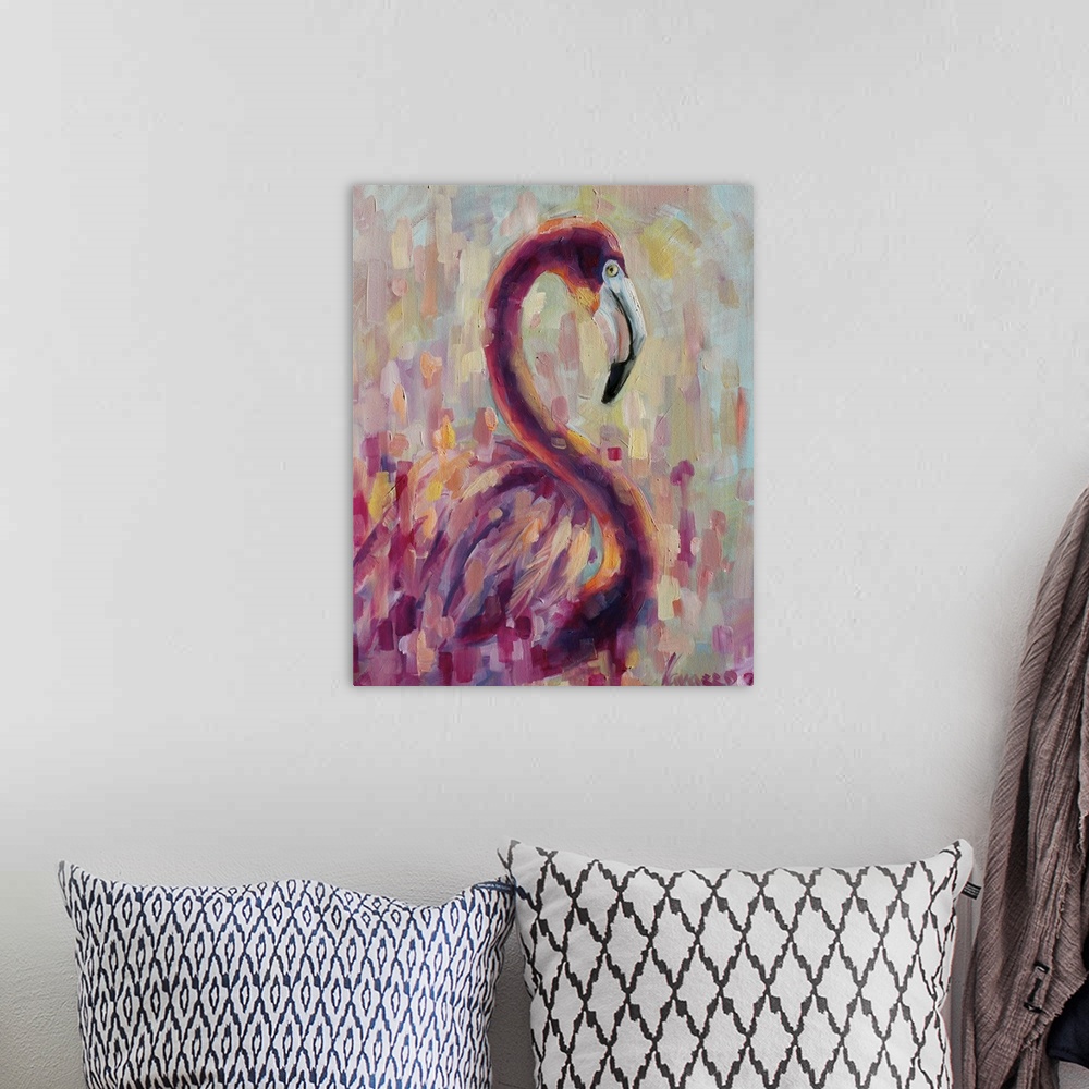 A bohemian room featuring Contemporary painting of a flamingo against a colorful abstract background.