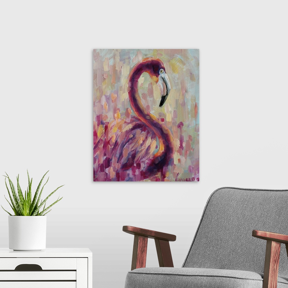 A modern room featuring Contemporary painting of a flamingo against a colorful abstract background.