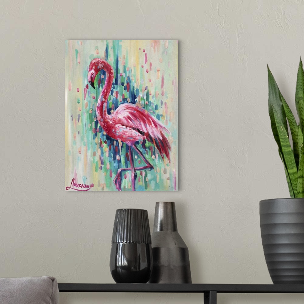 A modern room featuring Contemporary painting of a flamingo against a colorful abstract background.